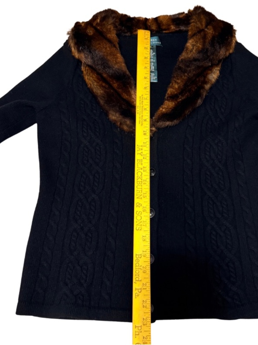 Lauren Ralph Lauren Brown Faux Fur Collar Cable Knit Cardigan - Picture 8 of 10
